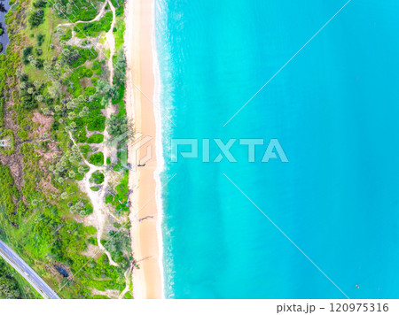 High angle view waves seascape nature view,Wide angle drone shot,Top view beach sand 120975316
