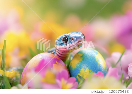 花の上で休むヘビとカラフルな卵　AI画像 120975458