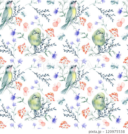 Seamless wallpaper of birds in green yellow colors and simple flowers watercolor isolated. Cute little birds, butterflies on botanical repeated pattern with blooms for textile, cover, wrapping paper. 120975538