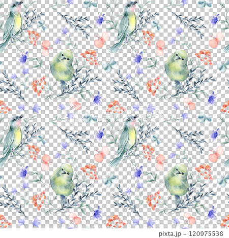 Seamless wallpaper of birds in green yellow colors and simple flowers watercolor isolated. Cute little birds, butterflies on botanical repeated pattern with blooms for textile, cover, wrapping paper. 120975538