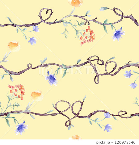 Tree branches with simple flowers watercolor seamless pattern isolated. Nature design on repeated background with delicate blue red floral and twigs hand drawn for textile, wrapping paper, wallpaper. 120975540