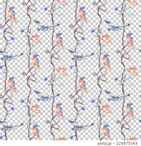 Birds of red, blue colors on repeating branches by watercolor isolated. Nature background with seamless tree and hearts form, flowers, birdie hand painted. Pattern design for wallpaper, textile. Birds of red, blue colors on repeating branches by watercolor isolated. Nature background with seamless tree and hearts form, flowers, birdie hand painted. Pattern design for wallpaper, textile. 120975543