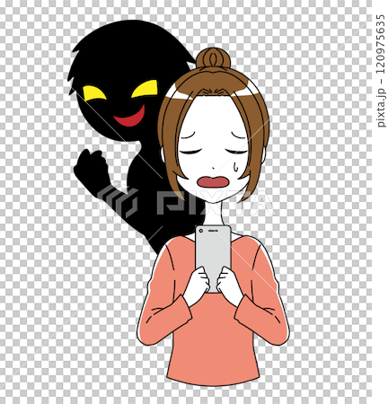 A black silhouette of a villain and a depressed woman holding a smartphone 120975635