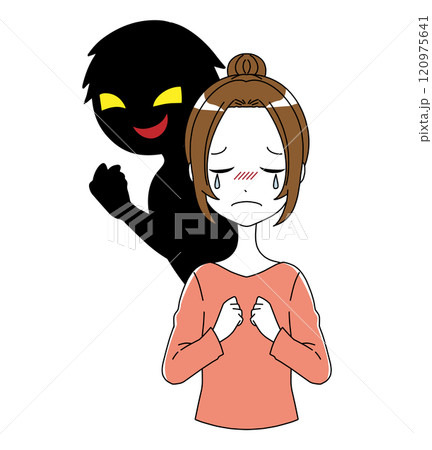 黒いシルエットの悪人と泣く女性の素材 120975641