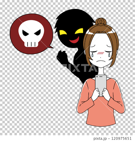 A depressed woman holding a smartphone and a villain talking dangerously 120975651