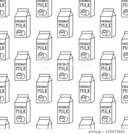 Seamless Pattern with Coconut milk. Box Carton packaging. Outline, Doodle, Line art. Vector flat illustration. Seamless Pattern with Coconut milk. Box Carton packaging. Outline, Doodle, Line art. Vector flat illustration. 120975685