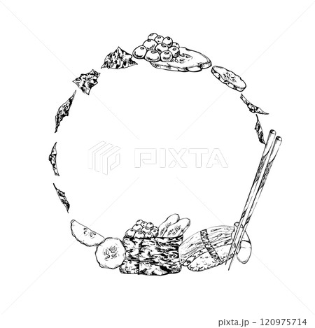 Traditional Japanese food, gunkan nigiri sushi raw fish salmon caviar tamagoyaki, cucumber nori flakes, chopsticks, hand drawn in vector pen, ink. Wreath frame for restaurant, cafe menu, recipe book 120975714