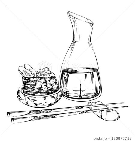 Traditional Japanese food, gunkan sushi with raw fish salmon caviar, cucumber slices in ceramic bowl, soy sauce, chopsticks, hand drawn in vector pen, ink. Restaurant, cafe menu, kitchen, recipe book Traditional Japanese food, gunkan sushi with raw fish salmon caviar, cucumber slices in ceramic bowl, soy sauce, chopsticks, hand drawn in vector pen, ink. Restaurant, cafe menu, kitchen, recipe book 120975715