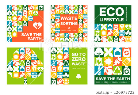 Bauhaus Eco Graphics, Square Design images with Zero Waste Patterns, geometric icons for Social Media, etc in a vector illustration 120975722