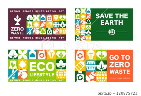The set of card design with Zero Waste Patterns and geometric icons in a Bauhaus Eco Graphic in a vector illustration 120975723
