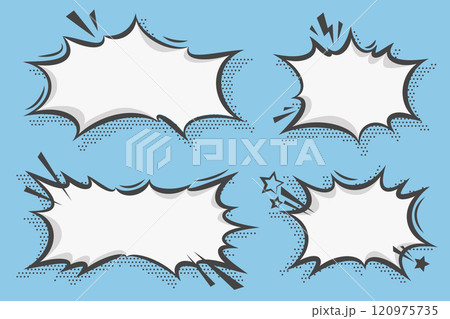 Manga speech bubble. Comic text frame with pop art halftone dotted effect. Balloon chat shape for dialog. Vector cloud for shock shout and scream action messages. Irregular cartoon decoration 120975735