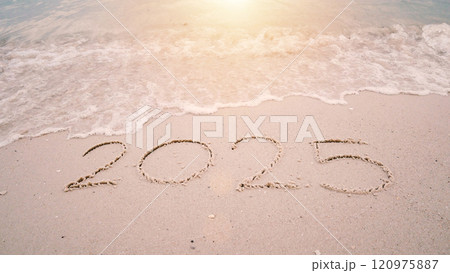 happy new year 2025. number 2024 write on sandy beach, ocean wave splash change to 2025. countdown for happy new year turning from year 2024 to 2025 120975887