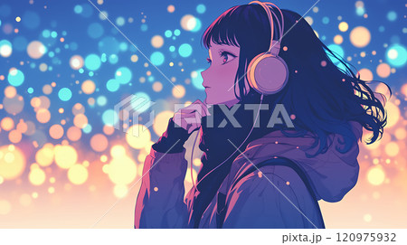 ヘッドフォンで音楽を聴くアニメ風の女の子　AI生成画像 120975932