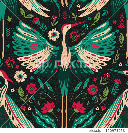Seamless vector pattern green design with a stork or crane, fantasy wings, flowers, and a magical swamp, combining whimsical, cute, detailed, art deco style Seamless vector pattern green design with a stork or crane, fantasy wings, flowers, and a magical swamp, combining whimsical, cute, detailed, art deco style 120975958