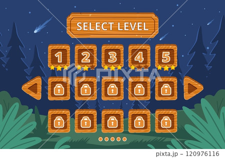 Adventure video game night interface. Wooden buttons and level screen, dark forest with shooting star, ui design, dashboard with boards with letters, forest background nowaday vector concept Adventure video game night interface. Wooden buttons and level screen, dark forest with shooting star, ui design, dashboard with boards with letters, forest background nowaday vector concept 120976116