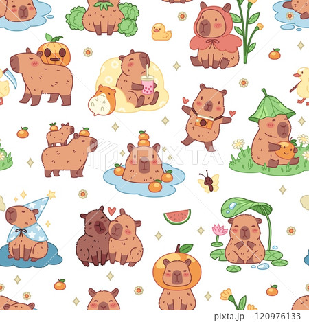 Cartoon happy capybaras seamless pattern. Funny exotic animals, repeated kawaii characters, biggest cute rodents. Decor textile, wrapping, wallpaper. Print for fabric tidy vector background Cartoon happy capybaras seamless pattern. Funny exotic animals, repeated kawaii characters, biggest cute rodents. Decor textile, wrapping, wallpaper. Print for fabric tidy vector background 120976133