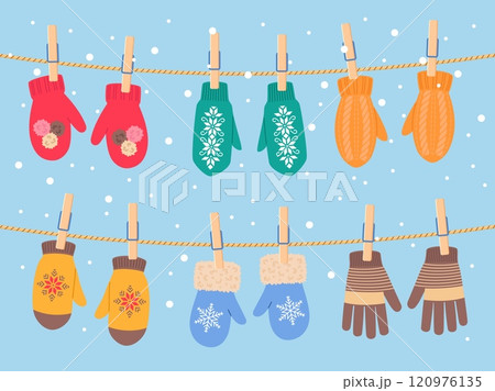 Cute knitted mittens and gloves hang on rope. Winter hands knitting clothes, cold season wool wears, funny patterned accessories, kids handmade cozy apparel, vector cartoon flat concept 120976135