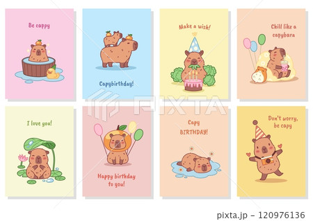 Funny capybaras birthday cards. Cute exotic animals, cartoon biggest rodents characters, kawaii adorable creatures, kids party, posters collection, prints or notebook cover, tidy vector set 120976136