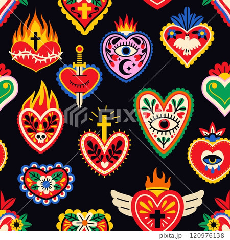 Mexican hearts seamless pattern. Sacred memorial symbols, patterned love charms, traditional spiritual elements. Decor textile, wrapping, wallpaper. Print for fabric, tidy vector background 120976138