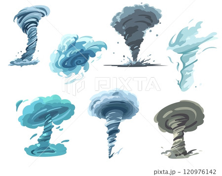 Tornado wind effects. Cartoon swirl hurricanes, destructive weather anomalies, typhoons, spiral cyclones and stormy catastrophe, thunderstorm cataclysm, vector meteorology isolated set 120976142