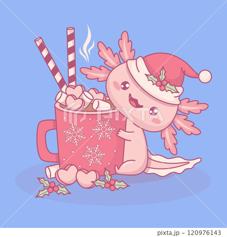 Cute Christmas Axolotl in Santa hat with festive red cup Hot Cocoa with Marshmallows, striped candy and holly. New Year funny little cartoon kawaii character. Vector illustration. Kids collection. 120976143