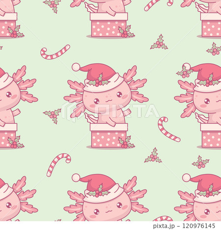 Seamless pattern Christmas Axolotl in Santa hat in gift box on gentle green background with striped caramel. New Year Little cartoon kawaii character backdrop. Vector illustration. Kids collection. 120976145