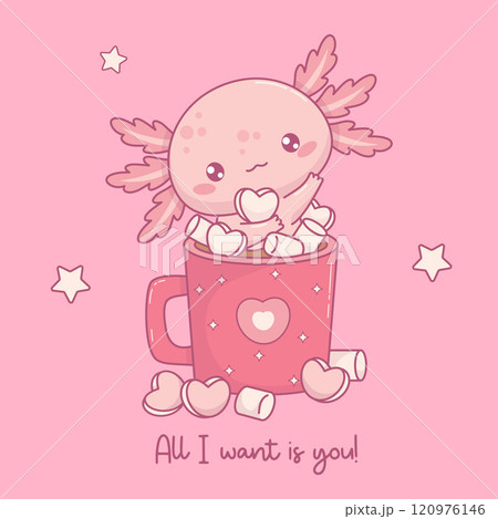 Cute Romantic Christmas Axolotl in cup Hot Cocoa with Marshmallows. Little festive cartoon pink kawaii character. Vector illustration. Holiday funny postcard valentine. 120976146