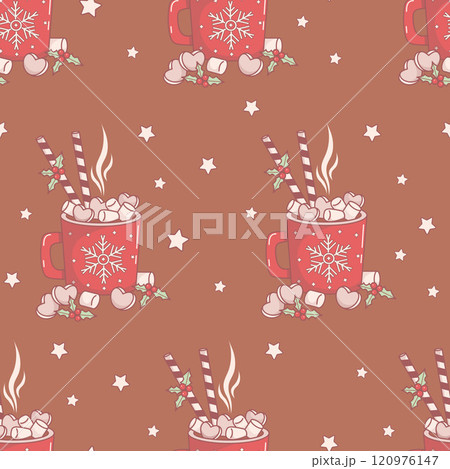 Christmas Seamless pattern with Festive red cup with Hot Cocoa with Marshmallows on Mocha Mousse brown background with stars. New Year backdrop. Vector illustration. 120976147