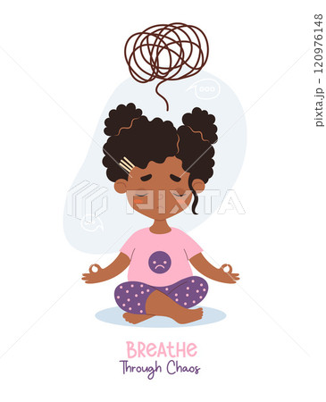 Thoughtful sad afro american curly girl sits in lotus pose meditates. Confused thoughts and tangled tangle, problem solving and messages. Psychological concept finding solutions. Vector illustration. 120976148
