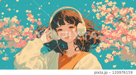 桜の花と音楽を聴いている女の子 120976159