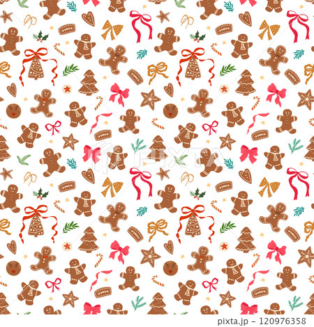 Christmas gingerbread man, bows, ribbons seamless pattern. Winter holidays cookies vector repeat background. 120976358