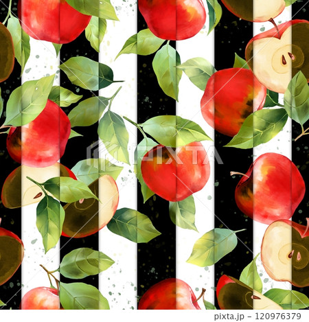 Striped background with red apples. Fruit seamless pattern 120976379