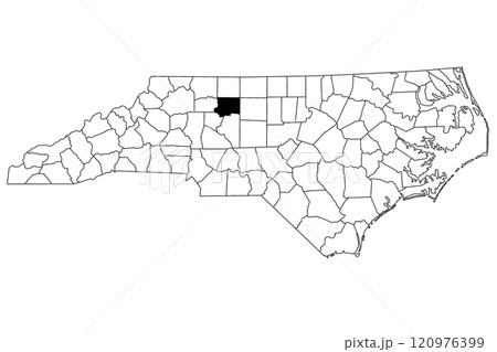 Map of Forsyth County in North Carolina state on white background. single County map highlighted by black color on North Carolina map. UNITED STATES, US 120976399