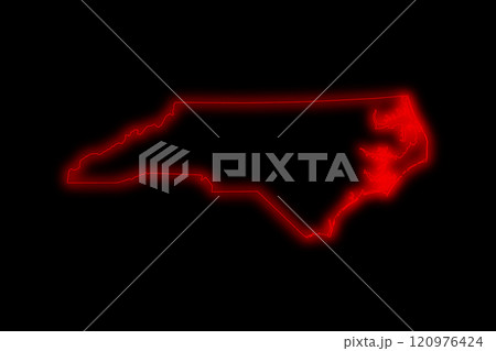 Red glowing neon map of North Carolina state in black background 120976424