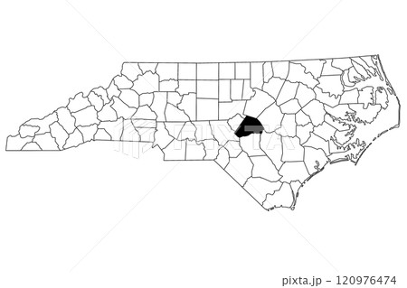 Map of Harnett County in North Carolina state on white background. single County map highlighted by black color on North Carolina map. UNITED STATES, US 120976474