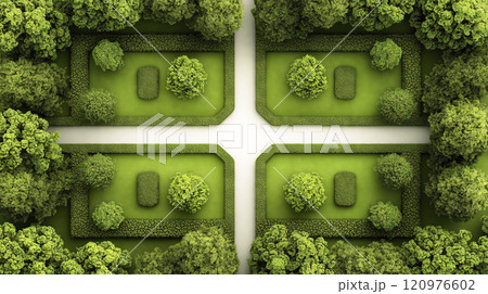 Top view of green bushes and trees forming a cross shaped garden 120976602