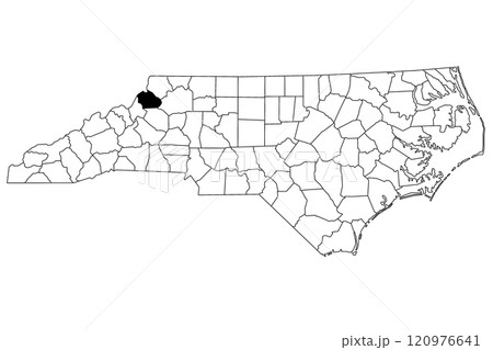 Map of watauga County in North Carolina state on white background. single County map highlighted by black color on North Carolina map. UNITED STATES, US 120976641