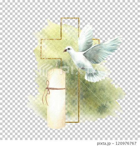Cross with white dove and a church candle on watercolor green splashes stains background Hand drawn illustration. Flying pigeon bird with gold framed cross for baptism or first communion card Isolated 120976767
