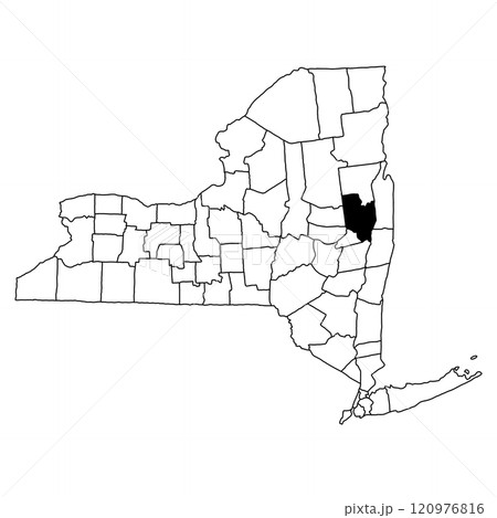 Map of Saratoga County in New York state on white background. single County map highlighted by black colour on New york map . Map of Saratoga County in New York state on white background. single County map highlighted by black colour on New york map . 120976816