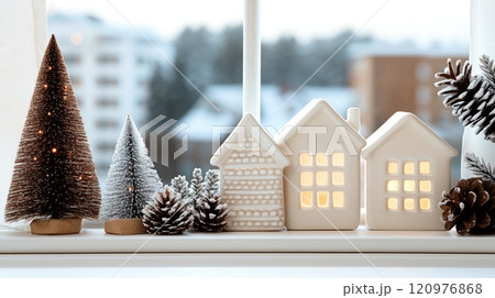 White ceramic houses and Christmas trees adorn the windowsill, illuminated by warm lighting amidst a charming Christmas decor setting 120976868