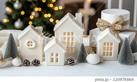 White ceramic houses and Christmas trees adorn the windowsill, illuminated by warm lighting amidst a charming Christmas decor setting 120976869