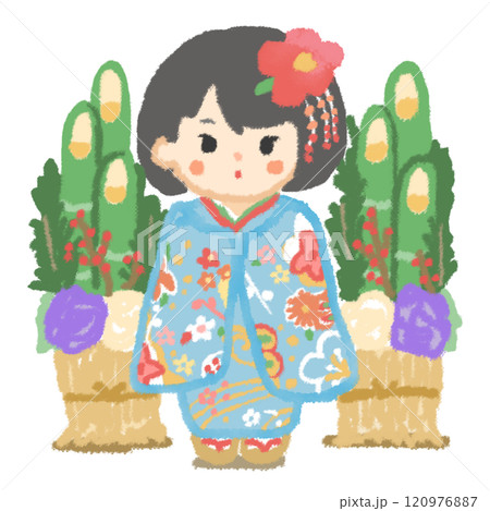 門松の前で綺麗な水色の振り袖を着て立つ女の子 門松の前で綺麗な水色の振り袖を着て立つ女の子 120976887