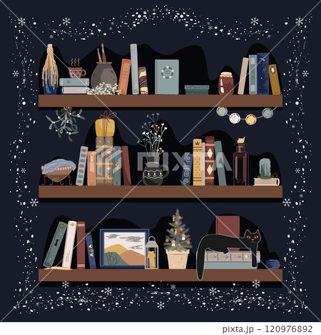 Old book shelves with different vintage things in snowy frame. Hygge winter window, cozy home. Isolated design element for fairy, cozy, and retro interiors 120976892