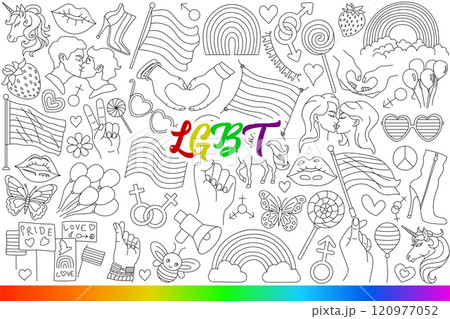 LGBT symbols for pride month and fight against discrimination against gays and lesbians. Hand drawn. LGBT symbols for pride month and fight against discrimination against gays and lesbians. Hand drawn. 120977052