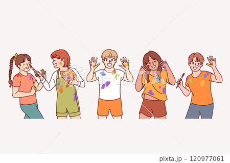 Artist children with paint stains on hands and clothes rejoice at opportunity to develop creativity 120977061