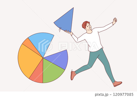 Businessman takes market segment from pie chart and runs away demonstrating business dexterity 120977085