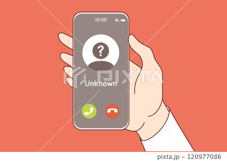 Call from unknown caller on phone screen in person hand, for spam or unsolicited advertising concept 120977086
