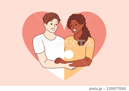 Love between diverse couple and with man and woman holding hands and consisting of puzzle pieces Love between diverse couple and with man and woman holding hands and consisting of puzzle pieces 120977088