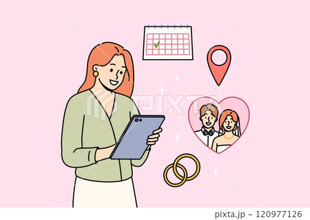 Happy woman is preparing for wedding, choosing date on calendar and ordering wedding rings in tablet Happy woman is preparing for wedding, choosing date on calendar and ordering wedding rings in tablet 120977126