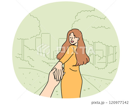 Woman says following me and takes boyfriend to park for friendly or romantic date in nature 120977142